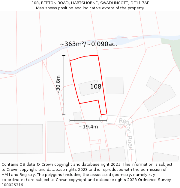 108, REPTON ROAD, HARTSHORNE, SWADLINCOTE, DE11 7AE: Plot and title map