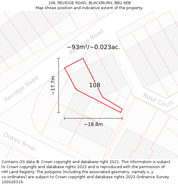 108, REVIDGE ROAD, BLACKBURN, BB2 6EB: Plot and title map