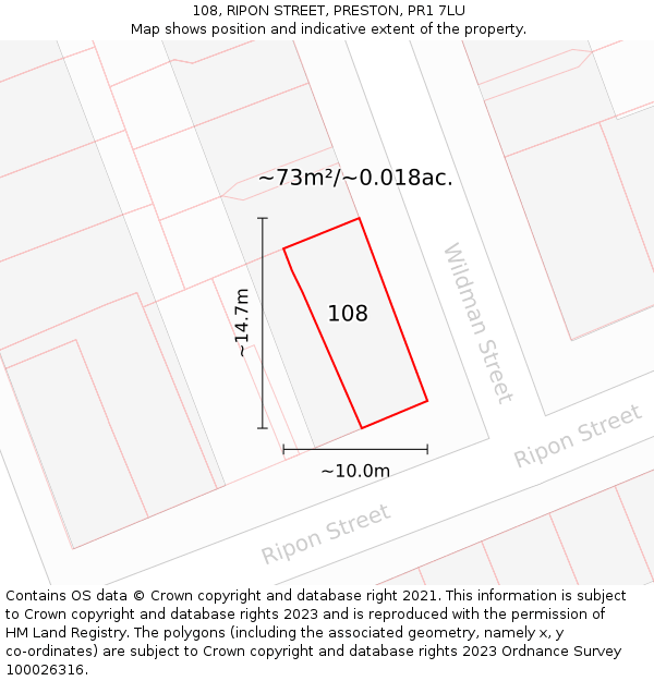 108, RIPON STREET, PRESTON, PR1 7LU: Plot and title map