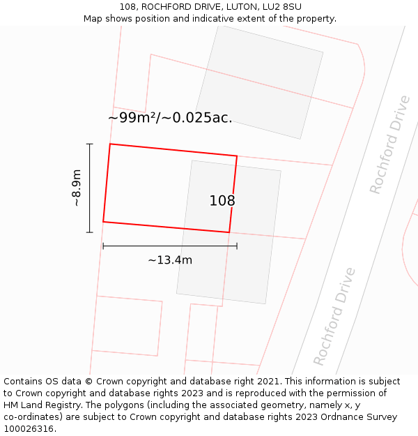 108, ROCHFORD DRIVE, LUTON, LU2 8SU: Plot and title map