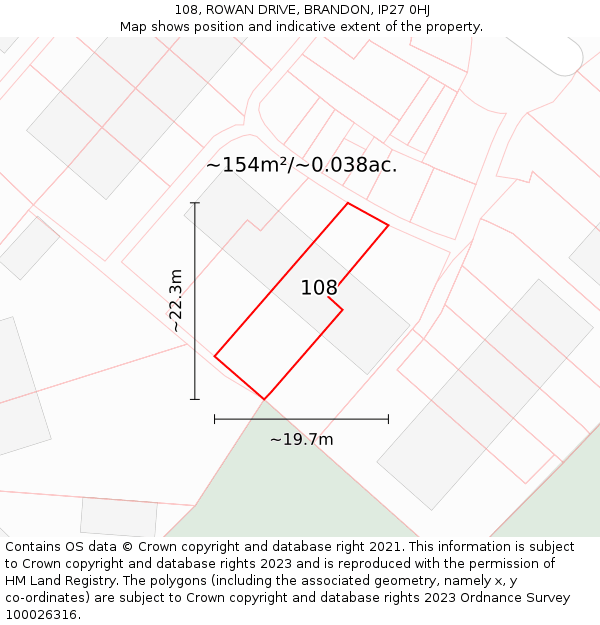 108, ROWAN DRIVE, BRANDON, IP27 0HJ: Plot and title map
