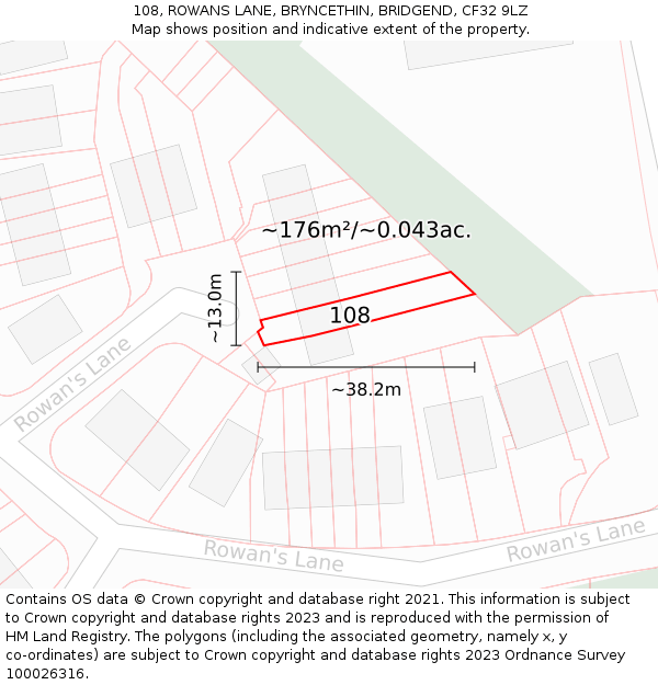 108, ROWANS LANE, BRYNCETHIN, BRIDGEND, CF32 9LZ: Plot and title map