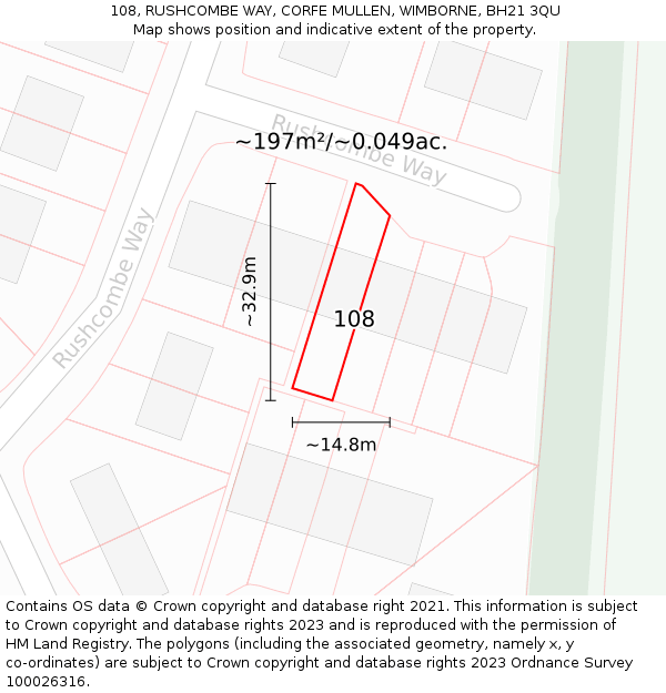 108, RUSHCOMBE WAY, CORFE MULLEN, WIMBORNE, BH21 3QU: Plot and title map