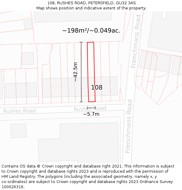 108, RUSHES ROAD, PETERSFIELD, GU32 3AS: Plot and title map