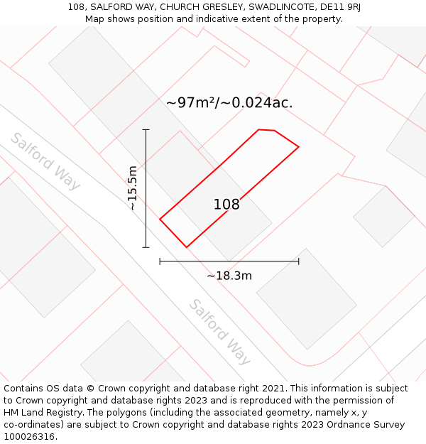 108, SALFORD WAY, CHURCH GRESLEY, SWADLINCOTE, DE11 9RJ: Plot and title map