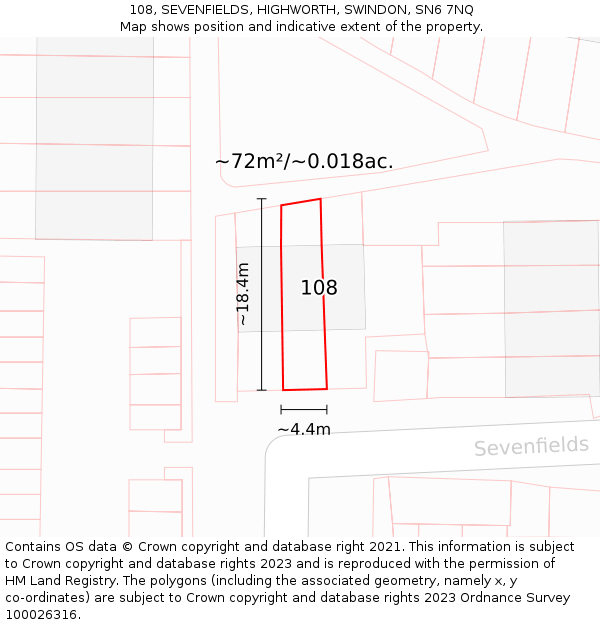 108, SEVENFIELDS, HIGHWORTH, SWINDON, SN6 7NQ: Plot and title map