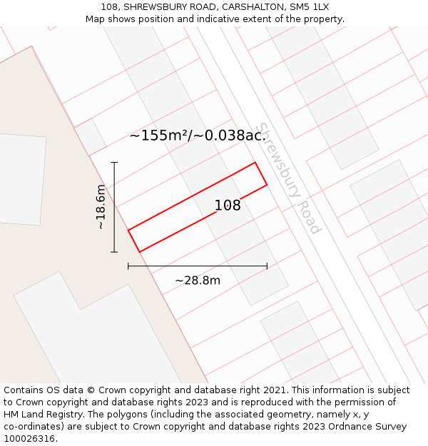 108, SHREWSBURY ROAD, CARSHALTON, SM5 1LX: Plot and title map