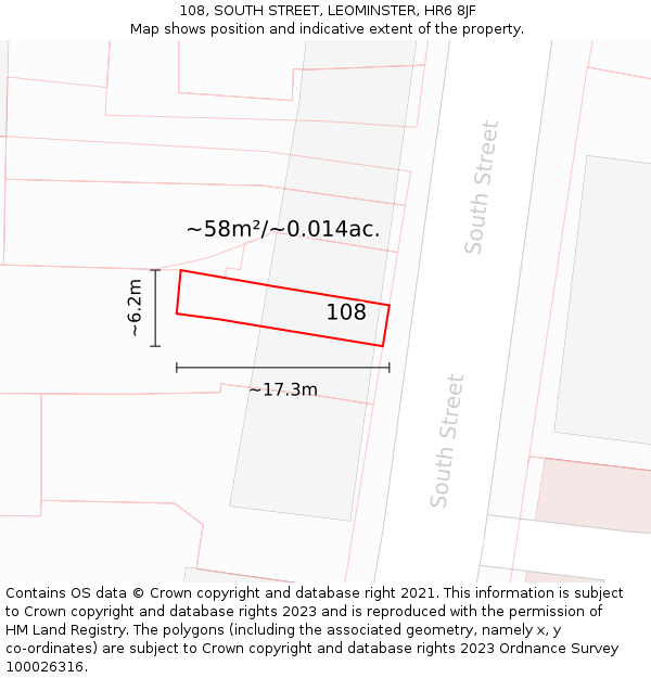108, SOUTH STREET, LEOMINSTER, HR6 8JF: Plot and title map