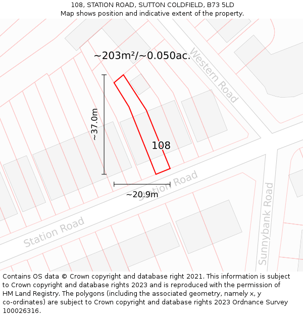 108, STATION ROAD, SUTTON COLDFIELD, B73 5LD: Plot and title map
