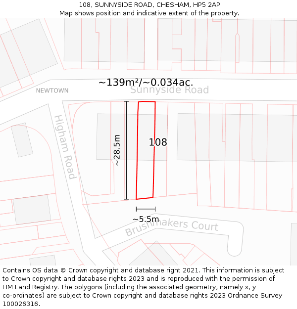 108, SUNNYSIDE ROAD, CHESHAM, HP5 2AP: Plot and title map