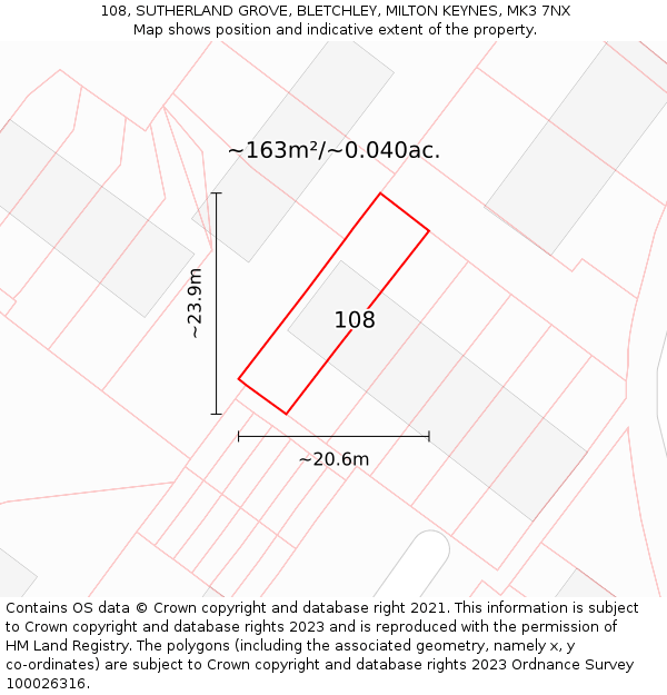 108, SUTHERLAND GROVE, BLETCHLEY, MILTON KEYNES, MK3 7NX: Plot and title map