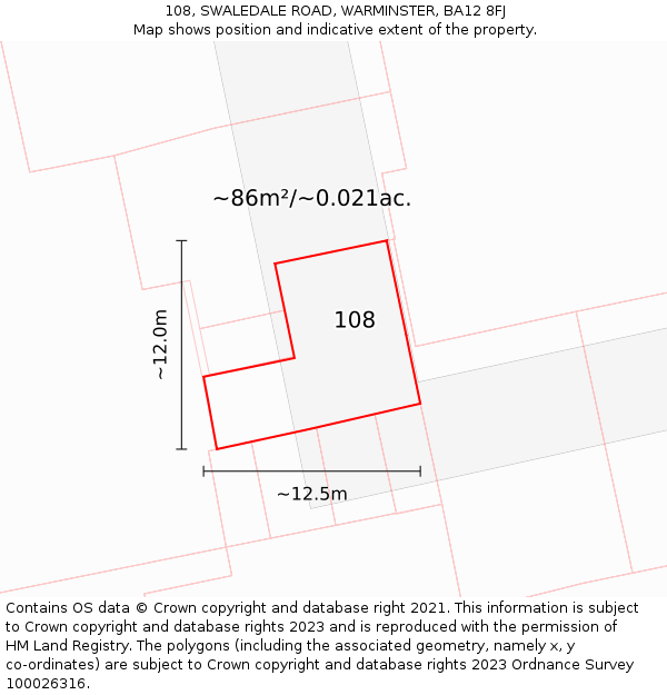 108, SWALEDALE ROAD, WARMINSTER, BA12 8FJ: Plot and title map