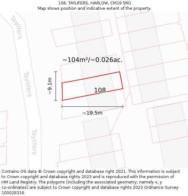 108, TAYLIFERS, HARLOW, CM19 5RG: Plot and title map