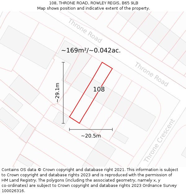 108, THRONE ROAD, ROWLEY REGIS, B65 9LB: Plot and title map