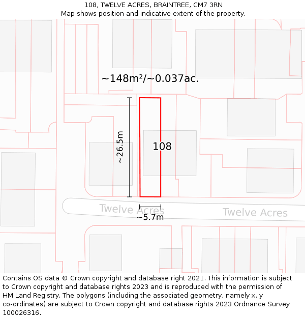 108, TWELVE ACRES, BRAINTREE, CM7 3RN: Plot and title map