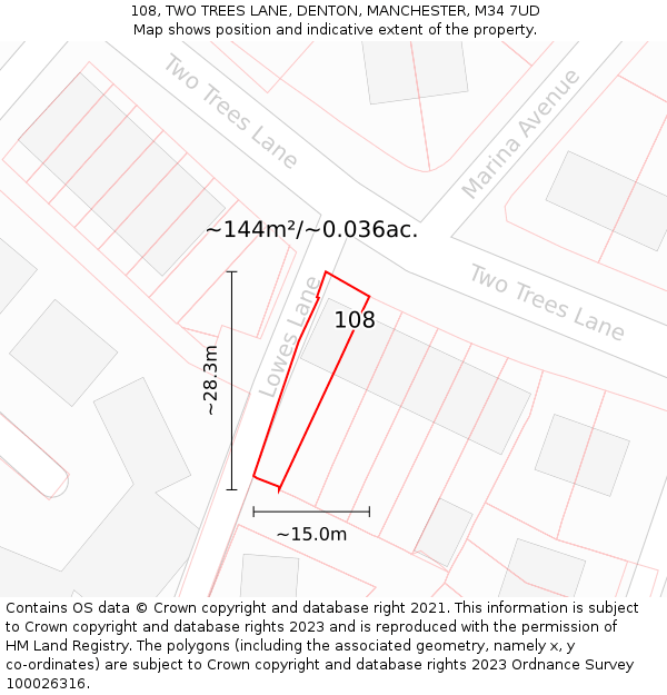 108, TWO TREES LANE, DENTON, MANCHESTER, M34 7UD: Plot and title map