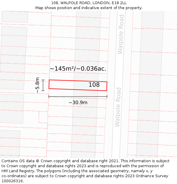 108, WALPOLE ROAD, LONDON, E18 2LL: Plot and title map