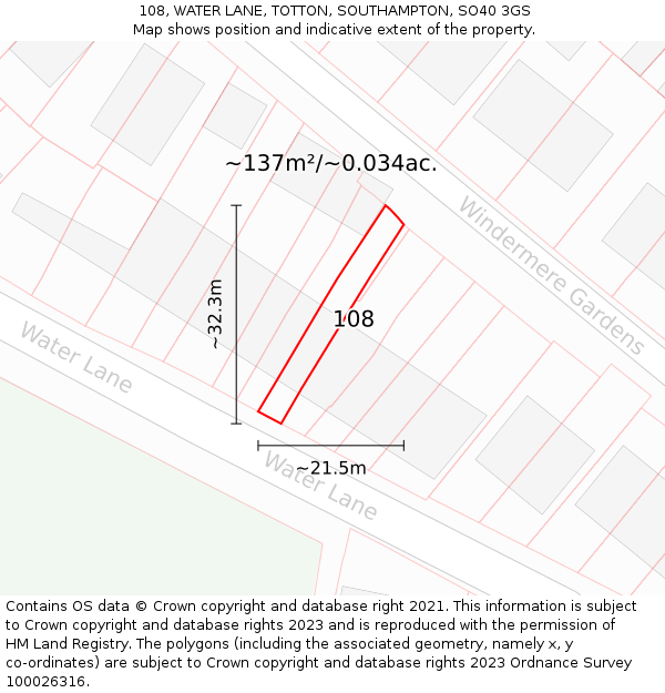 108, WATER LANE, TOTTON, SOUTHAMPTON, SO40 3GS: Plot and title map