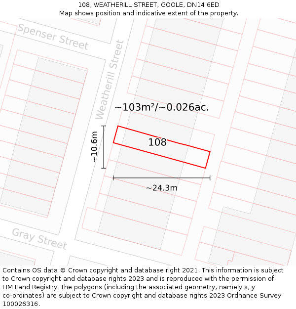108, WEATHERILL STREET, GOOLE, DN14 6ED: Plot and title map