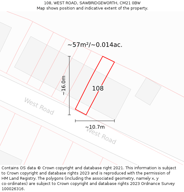 108, WEST ROAD, SAWBRIDGEWORTH, CM21 0BW: Plot and title map
