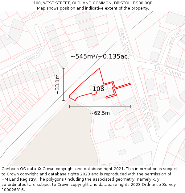 108, WEST STREET, OLDLAND COMMON, BRISTOL, BS30 9QR: Plot and title map