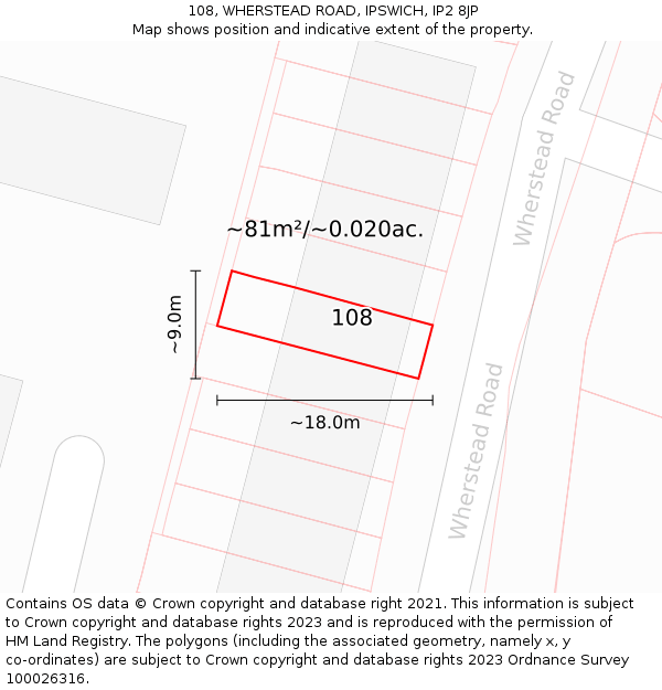 108, WHERSTEAD ROAD, IPSWICH, IP2 8JP: Plot and title map