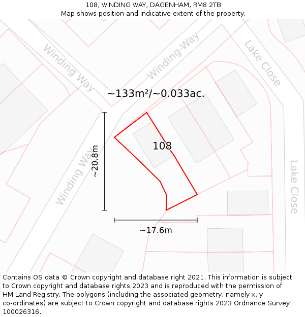 108, WINDING WAY, DAGENHAM, RM8 2TB: Plot and title map