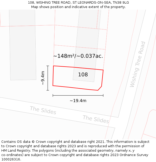 108, WISHING TREE ROAD, ST LEONARDS-ON-SEA, TN38 9LG: Plot and title map