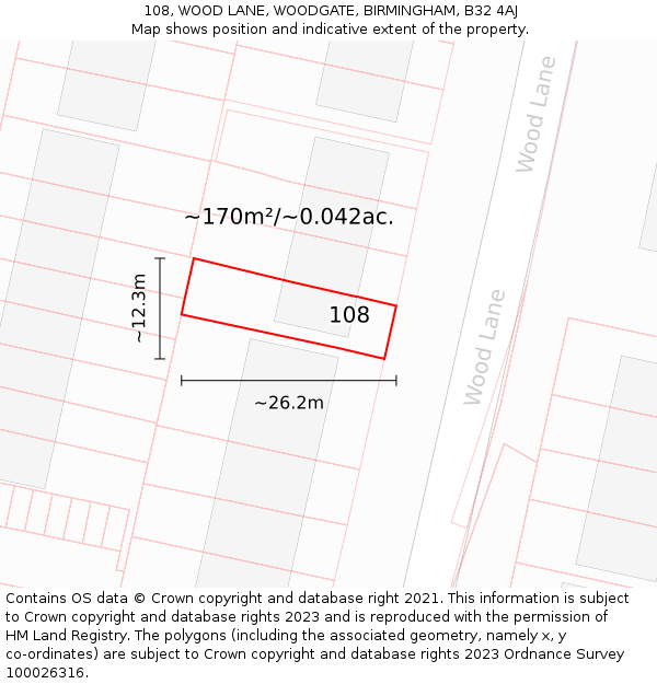 108, WOOD LANE, WOODGATE, BIRMINGHAM, B32 4AJ: Plot and title map