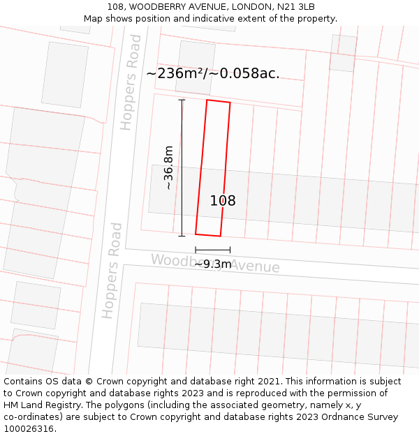 108, WOODBERRY AVENUE, LONDON, N21 3LB: Plot and title map