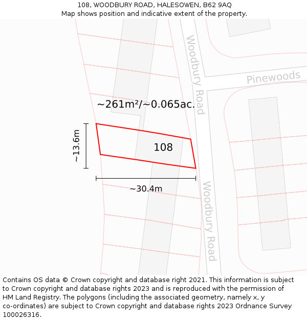 108, WOODBURY ROAD, HALESOWEN, B62 9AQ: Plot and title map