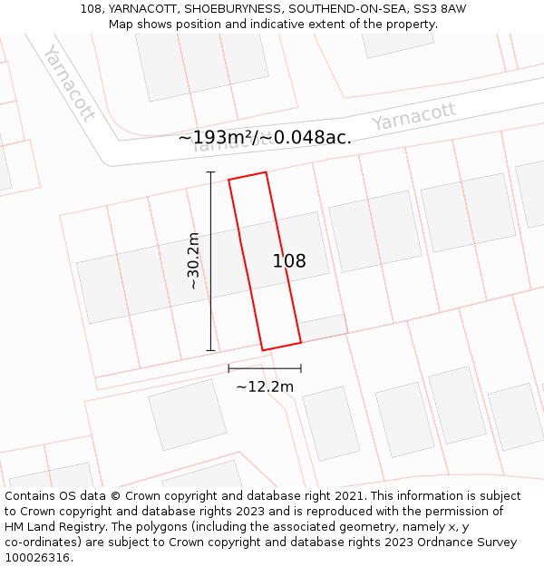 108, YARNACOTT, SHOEBURYNESS, SOUTHEND-ON-SEA, SS3 8AW: Plot and title map