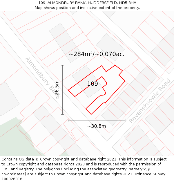 109, ALMONDBURY BANK, HUDDERSFIELD, HD5 8HA: Plot and title map