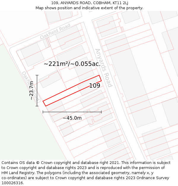 109, ANYARDS ROAD, COBHAM, KT11 2LJ: Plot and title map