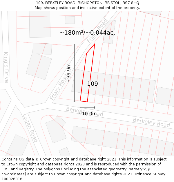 109, BERKELEY ROAD, BISHOPSTON, BRISTOL, BS7 8HQ: Plot and title map
