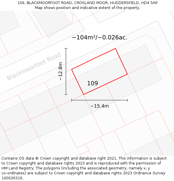 109, BLACKMOORFOOT ROAD, CROSLAND MOOR, HUDDERSFIELD, HD4 5AP: Plot and title map