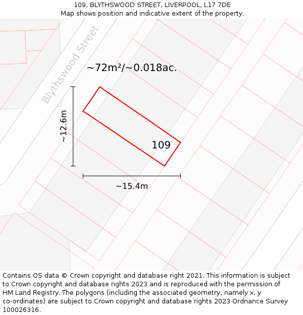 109, BLYTHSWOOD STREET, LIVERPOOL, L17 7DE: Plot and title map
