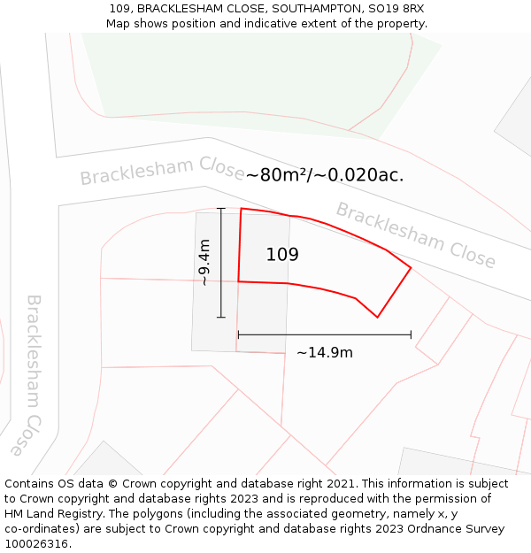 109, BRACKLESHAM CLOSE, SOUTHAMPTON, SO19 8RX: Plot and title map