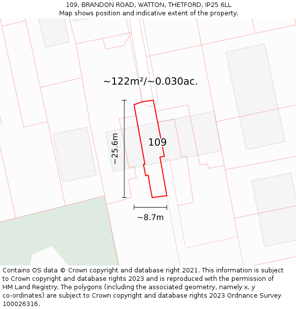 109, BRANDON ROAD, WATTON, THETFORD, IP25 6LL: Plot and title map