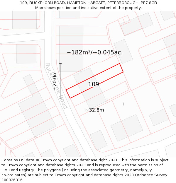109, BUCKTHORN ROAD, HAMPTON HARGATE, PETERBOROUGH, PE7 8GB: Plot and title map