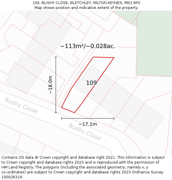 109, BUSHY CLOSE, BLETCHLEY, MILTON KEYNES, MK3 6PX: Plot and title map