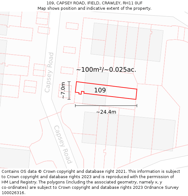 109, CAPSEY ROAD, IFIELD, CRAWLEY, RH11 0UF: Plot and title map