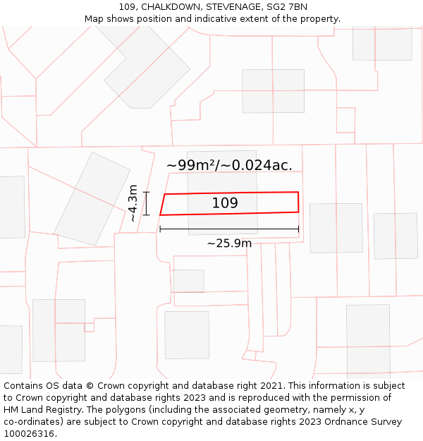 109, CHALKDOWN, STEVENAGE, SG2 7BN: Plot and title map
