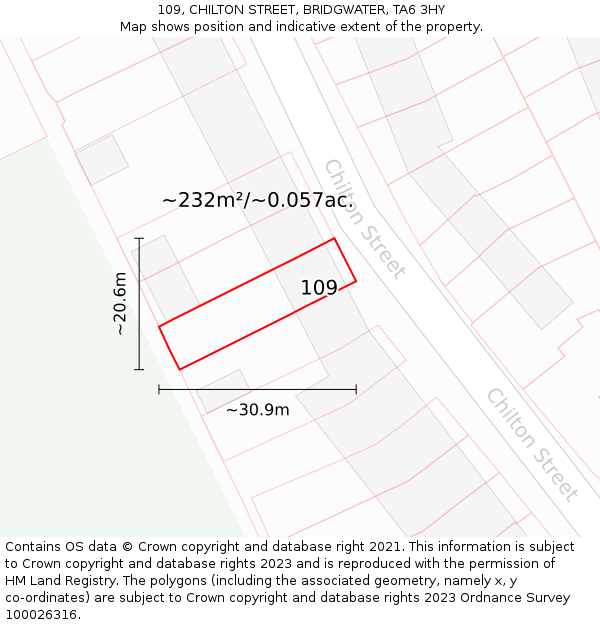 109, CHILTON STREET, BRIDGWATER, TA6 3HY: Plot and title map