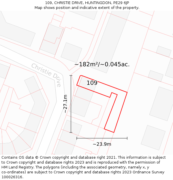 109, CHRISTIE DRIVE, HUNTINGDON, PE29 6JP: Plot and title map