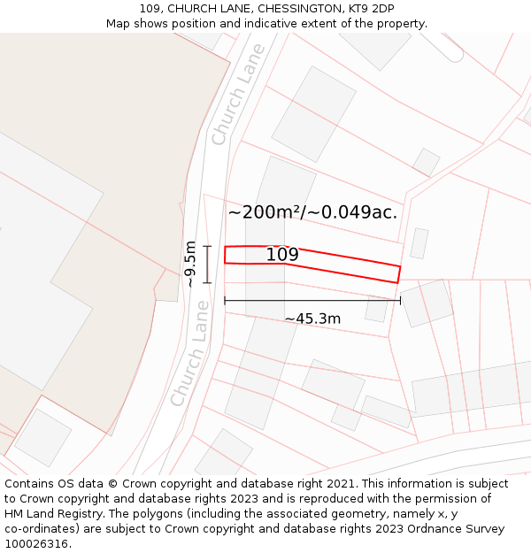 109, CHURCH LANE, CHESSINGTON, KT9 2DP: Plot and title map