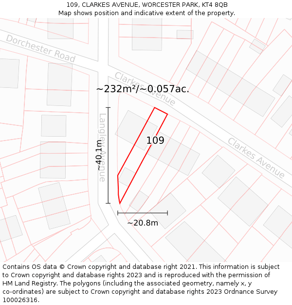 109, CLARKES AVENUE, WORCESTER PARK, KT4 8QB: Plot and title map