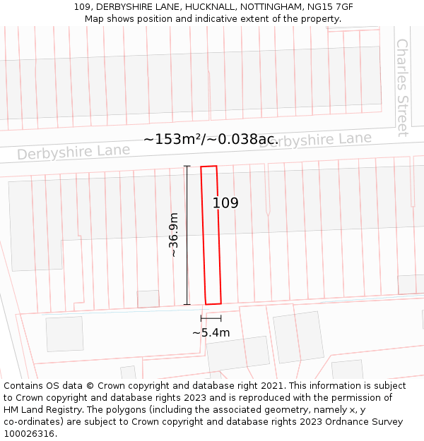 109, DERBYSHIRE LANE, HUCKNALL, NOTTINGHAM, NG15 7GF: Plot and title map
