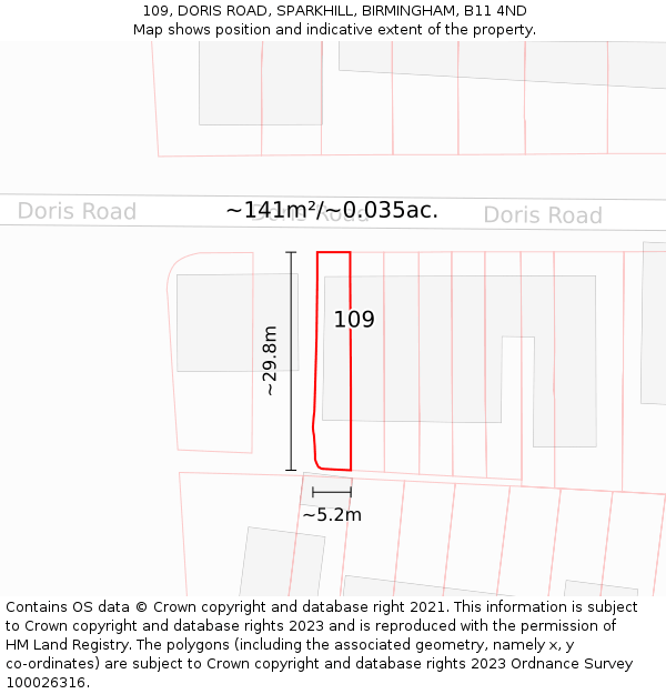 109, DORIS ROAD, SPARKHILL, BIRMINGHAM, B11 4ND: Plot and title map