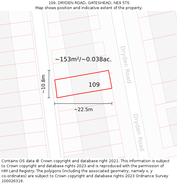 109, DRYDEN ROAD, GATESHEAD, NE9 5TS: Plot and title map